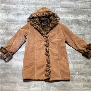 Dennis Basso Camel Brown Suede Leather w/ Fur Trimmed Hooded Coat